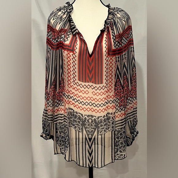 Lucky Brand Tops - Lucky Brand Vintage Boho Red Tan Blue Ruffle Cuff Sheer Blouse Medium